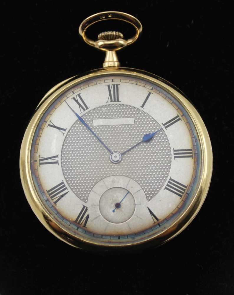 AN 18K GOLD CASED GENTLEMAN'S OPEN FACE POCKET WATCH, silvered dial with Roman numerals and - Image 2 of 5