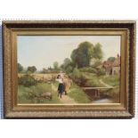 ROSE DOUGLAS (Exhibited 1893-1898) "Summer Landscape with Children", beside a stile and stream,