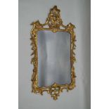 A ROCOCO DESIGN WALL MIRROR, pierced and carved gilt wood frame with acanthus leaves and fruit,