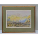 20TH CENTURY EUROPEAN SCHOOL "Extensive landscape, Mountain figures", ink and watercolour