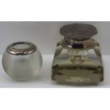 A FACET CUT DESK INKWELL with silver, hinged cover and decorative pie-crust rim, Birmingham 1909,