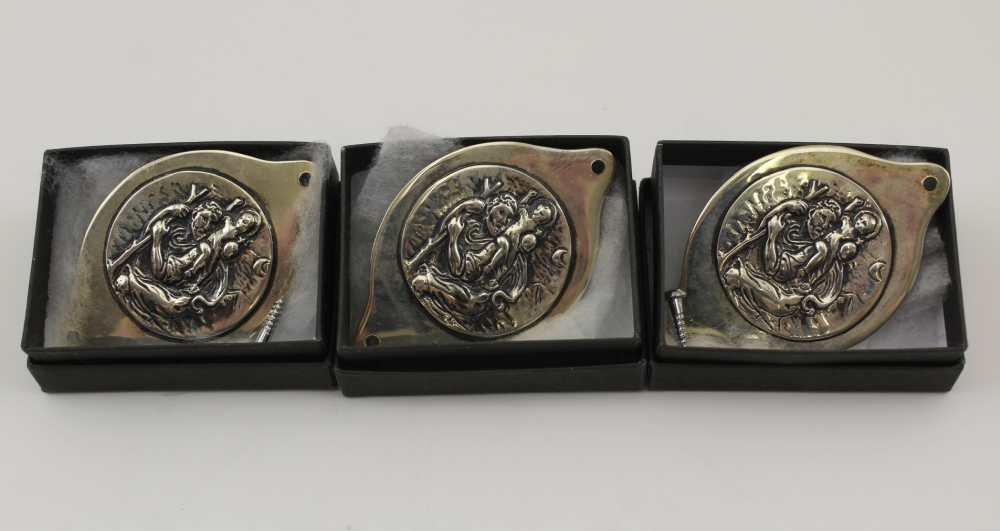 GUILD OF HANDICRAFT THREE SILVER ST CHRISTOPHER PANELS, made by "Hart's of Chipping Campden", the