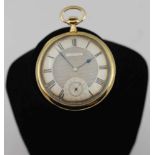 AN 18K GOLD CASED GENTLEMAN'S OPEN FACE POCKET WATCH, silvered dial with Roman numerals and
