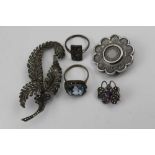 A SELECTION OF SILVER JEWELLERY; Marcasite fern brooch, rectangular marcasite leaf decorated dress