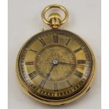 AN 18CT GOLD OPEN FACE POCKET WATCH, engine turned back, decorative gilded dial with Roman numerals,