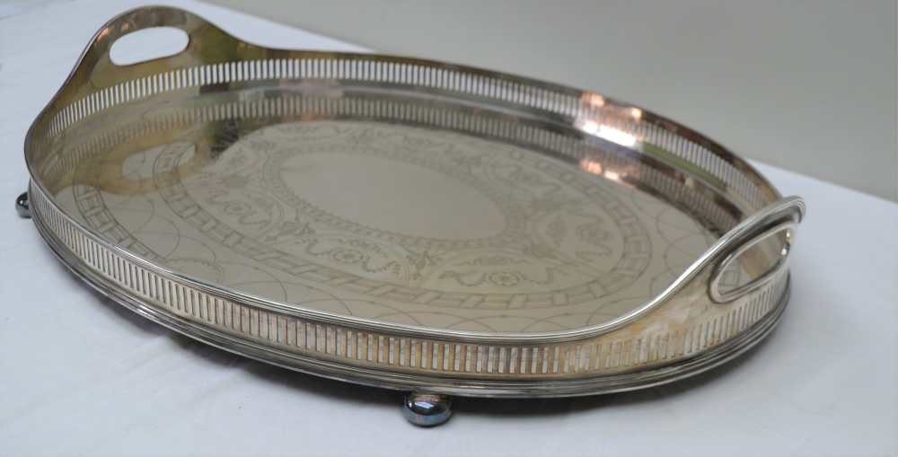 AN EARLY 20TH CENTURY JAMES DICKSON & SONS QUALITY SILVER PLATED OVAL TWIN HANDLED TRAY, with - Image 2 of 6