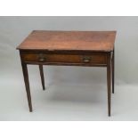 A GEORGIAN OAK SIDE TABLE, the crossbanded top over a crossbanded and cockbeaded drawer, on square