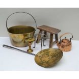A SELECTION OF DOMESTIC METALWARES VARIOUS, together with a small wooden milking stool, 19cm high