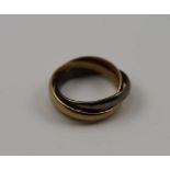 AN 18CT GOLD THREE COLOUR TRIPLE BAND "RUSSIAN WEDDING" RING, weight; 6.3g