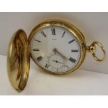 AN 18CT GOLD HUNTER TYPE GENTLEMAN'S POCKET WATCH white enamel dial with Roman numerals and