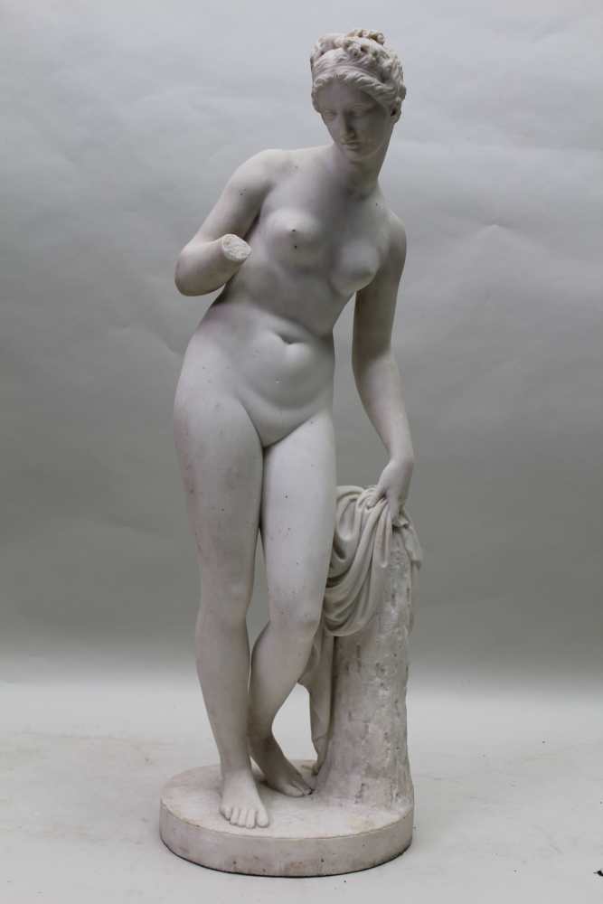 A 19TH CENTURY MARBLE STATUE OF VENUS, after the antique, naked, standing beside a tree stump, - Image 3 of 4
