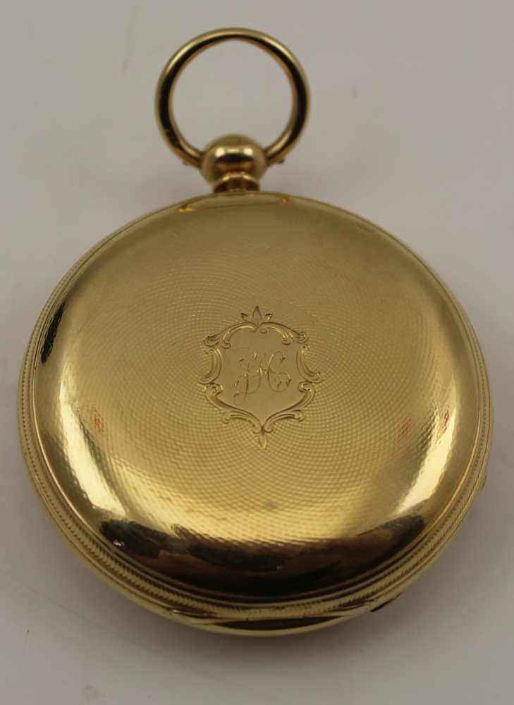 AN 18CT GOLD HUNTER TYPE GENTLEMAN'S POCKET WATCH white enamel dial with Roman numerals and - Image 2 of 3