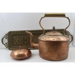 A LARGE VICTORIAN COPPER BATH KETTLE with brass handle and acorn finial to lid, together with A