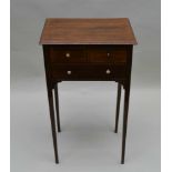 A 19TH CENTURY MAHOGANY SIDE TABLE fitted two small over one long drawer on narrow square tapering