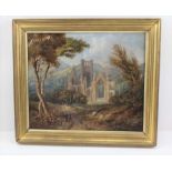 19TH CENTURY BRITISH SCHOOL "Ruins of Melrose", Oil painting on canvas, 29cm x 34cm. in gilt frame