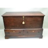 AN 18TH CENTURY STAINED WOOD MULE CHEST, hinged lid over base fitted two drawers with knob handles