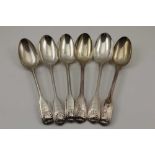 A MATCHED SET OF SIX FIDDLE & SHELL HANDLED SILVER TABLE SPOONS, engraved wing crest, London 1840