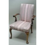 A 19TH CENTURY OPEN ARMCHAIR, having mahogany scroll arms, cabriole fore supports on pad feet,