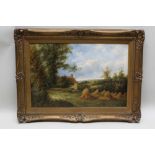 P. LESLIE, 19TH CENTURY BRITISH SCHOOL 'Harvest Stooks', landscape with cottage and figures. Oil