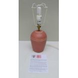 LOUISE DARBY A STUDIO POTTERY TABLE LAMP, pink glazed, ring turned, 20cm high, impressed mark to