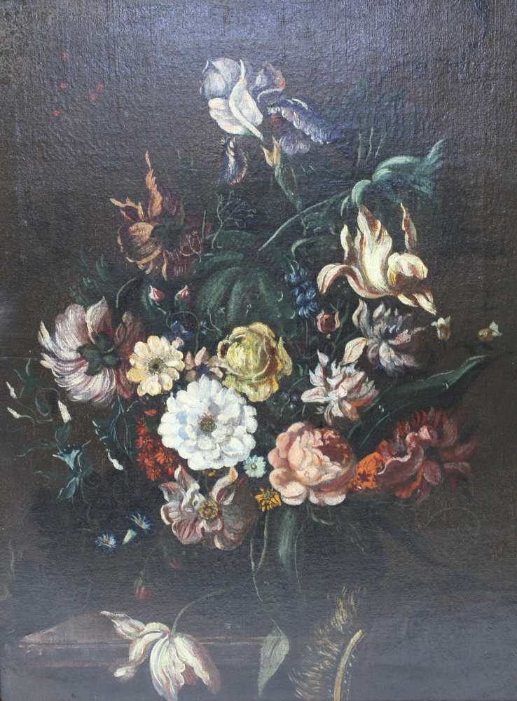 19TH CENTURY FLEMISH SCHOOL 'Still Life, vase of Flowers', Oil painting on canvas, 66cm x 50cm, in - Image 2 of 3