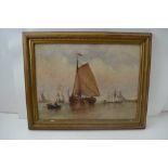 19TH CENTURY BRITISH SCHOOL 'Sail ships at anchor', Oil painting on canvas, 29cm x 39cm, gilt framed