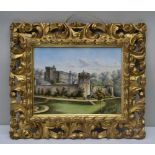 A. CLOWES 'Fortified Manor House', painted ceramic panel, signed, 22cm x 29cm, in ornate gilt