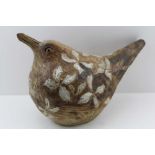 A 20TH CENTURY STUDIO POTTERY STONEWARE BIRD, incised and glazed floral decoration, signed in