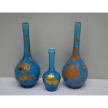 A PAIR OF JAPANESE TEAR DROP FORM BLUE GLAZED CERAMIC VASES, with gilded decoration, 24cm high,