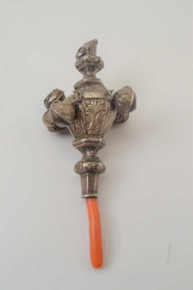 A BABY'S SILVER RATTLE with whistle and bells, fitted a coral teether, Birmingham 1911, 10cm long, - Image 3 of 3