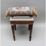 A 19TH CENTURY STOOL, on ring turned mahogany supports, woolwork tapestry seat, 36cm square