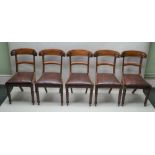 A SET OF FIVE WILLIAM IV MAHOGANY DINING CHAIRS, the flowerhead carved cresting rails over plain