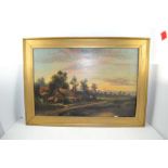 BRITISH SCHOOL 'Farmstead Sunset', Oil painting on canvas, indistinctly signed, 50cm x 75cm, gilt