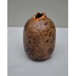 PHIL IRONS A TURNED BURR ELM VASE with gilded neck, signed to base, 13cm high