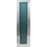 A GREEN ANODISED STEEL GUN CABINET partitioned to hold 2 guns, 23cm x 23cm x 135cm high, with