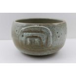 EILEEN HEMSOLL A 20TH CENTURY STUDIO POTTERY STONEWARE BOWL, with mottled green glaze, incised