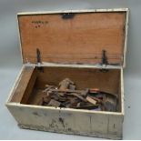 A VINTAGE PINE CARPENTER'S CHEST containing a good selection of old WOOD WORKING TOOLS including