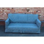 A DEEP SEATED COUNTRY HOUSE THREE-SEATER SOFA, in patterned blue fabric, 188cm wide