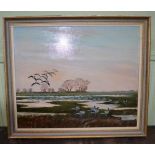 MACKENZIE THORPE ('Kenzie', The Wildgoose Man) "Pinkfoot Geese", gathering in wetlands. Oil on