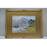 WARREN WILLIAMS A.R.C.A. 'Ben Nevis from Banavie', Row boat and sail boats in the foreground,