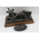 DAVID HUGHES TWO BRONZE EFFECT SCULPTURES, one depicts gundog and pheasants on polished wood base,