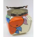 A CLARICE CLIFF CERAMIC SUGAR CUBE POT, hand painted oranges decoration, fitted metal pincer