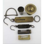 TWO BRASS FACED SALTER SCALES, a kit bag, handle clasp, two padlocks etc.