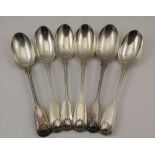 CHAWNER & CO. A SET OF SIX SILVER TABLE / SOUP SPOONS, fiddle & shell handles, London 1865, combined