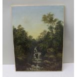 EARLY 20TH CENTURY "Woodland Waterfall". Oil on canvas, 61cm x 46cm, unsigned, re-lined and