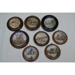 A COLLECTION OF EIGHT 19TH CENTURY PRATTWARE POT LIDS, framed, to include 'Funeral of the Late