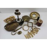 A MISCELLANY OF OBJECTS, to include oval gilt frames, brass dishes, candlestick etc.