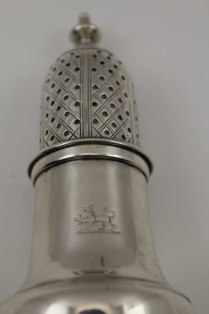 A PAIR OF GEORGIAN DESIGN SILVER SUGAR SIFTERS of baluster form, raised on domed bases, engraved - Image 2 of 3