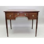 A 19TH CENTURY MAHOGANY SIDE TABLE, fitted three drawers with brass handles. on square tapering