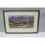 PETER PARTINGTON "Ducks in Flight" over marshland. Watercolour, signed, 27cm x 53cm, mounted in